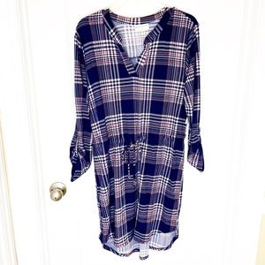 Plaid tie front tunic dress with elastic waist